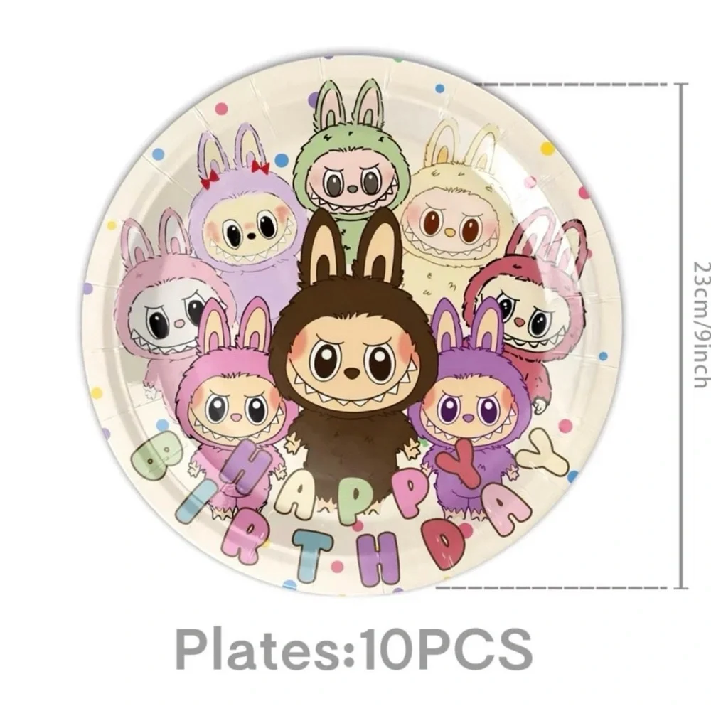 Labubu Cute Characters Happy Birthday Party Tableware Set - Pastel Multicolor
